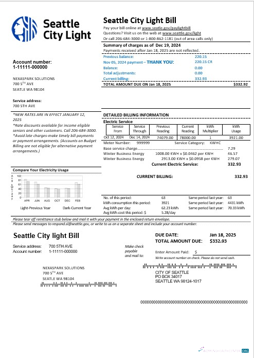 USA Washington Seattle City Light business utility bill template in Word and PDF formats